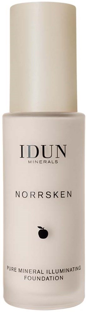 Een witte fles met IDUN Norrsken mineraal verlichtende foundation met witte dop.
