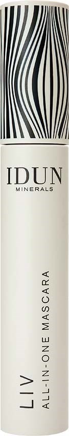Valkoinen putki, jossa on mustia aaltoilevia viivoja korkissa, merkitty "IDUN Minerals Live All-in-One Mascara."