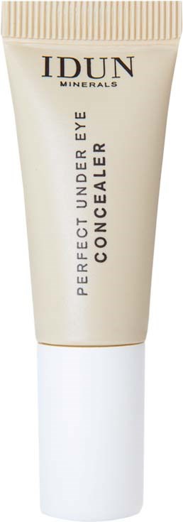 A beige tube of IDUN Minerals perfect under eye concealer. It has a white cap and simple text.