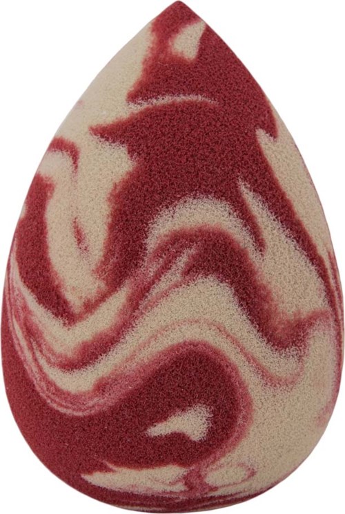 A marbled beauty blender with red and beige swirls. It is egg-shaped and used for makeup blending.