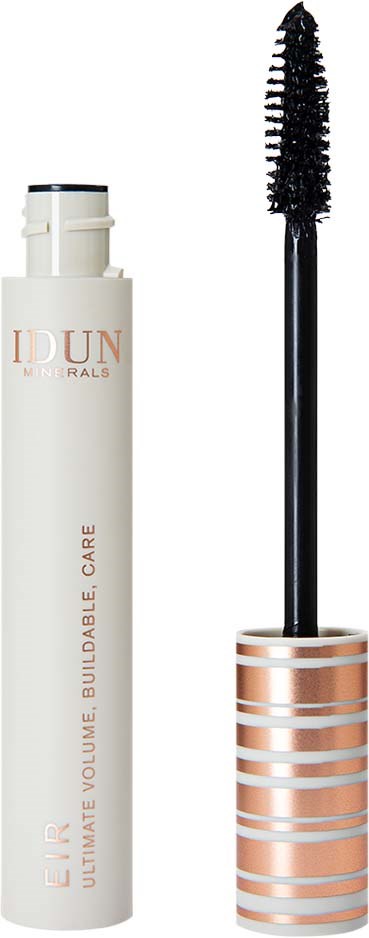 A mascara tube with a black brush attached, white body, and rose gold striped cap.