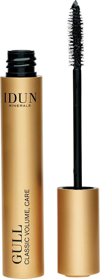 Mascarasäiliö, jossa lukee 'IDUN Minerals GULL Classic Volume Care' ja sivellin erillään, mustalla taustalla.
