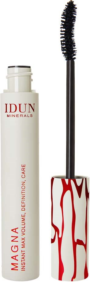 Mascara tube with a red and white swirl pattern, brush, and branding for Idun Minerals.