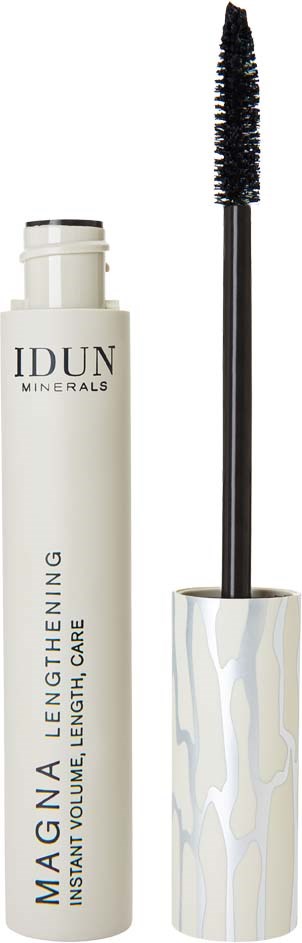 A white tube of mascara with a black brush, labeled 'IDUN Minera ls', standing vertically with the cap removed.