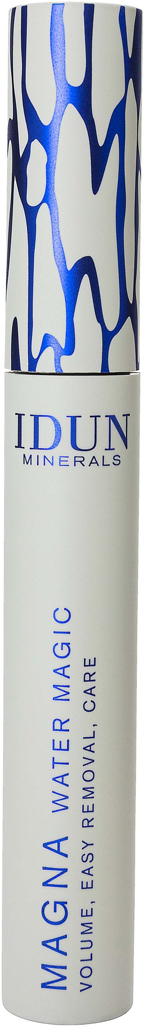 Vesipullo, jossa sininen ja valkoinen muotoilu, merkintä 'IDUN Minerals Mg Water Magic.'