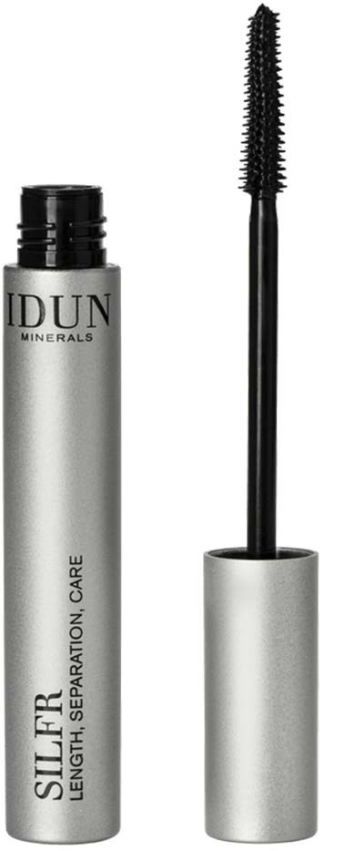 A black mascara wand next to a silver tube labeled 'IDUN MINERALS SIL.FR LENGTH, SEPARATION, CARE'.