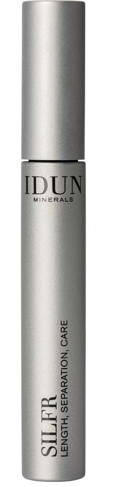 A tall, silver bottle labeled 'IDUN Minerals' with black text, promoting lengthening eyelash care.