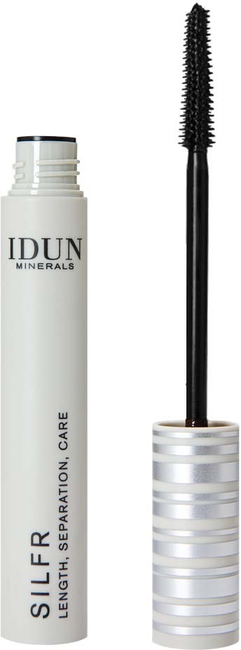 A white tube of mascara with a black brush, labeled 'IDUN Minerals', for long and separating eyelashes.