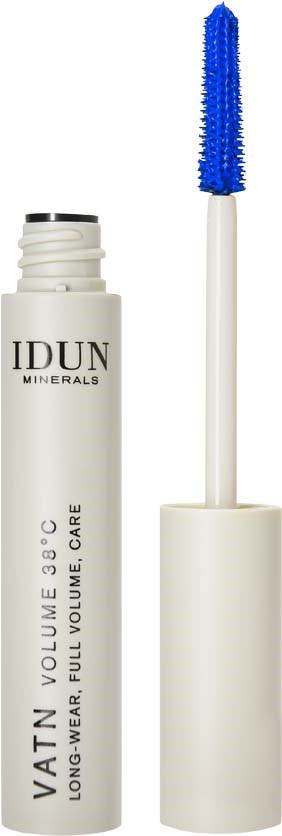 Ein weißer Tuben mit langanhaltender, voluminöser Pflege-Mascara mit blauer Applikatorbürste.