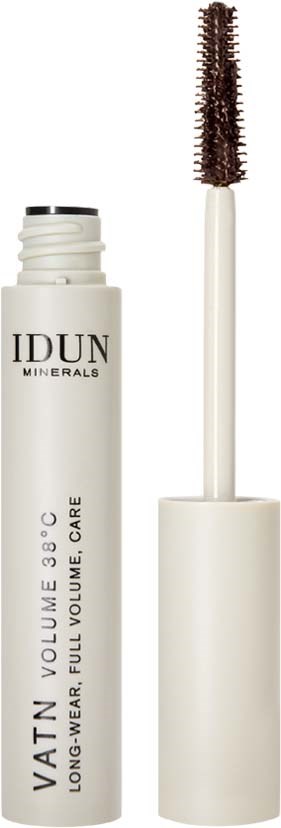 Eine weiße Tube mit Augenbrauengel und Bürstapplikator, beschriftet IDUN Minerals, Long-Wear, und Volume 3.0.