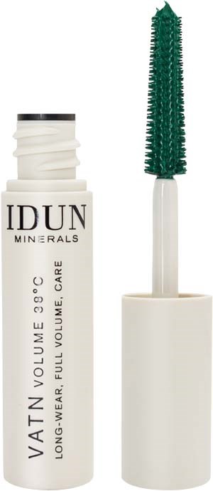 En mascara med vit tube och grön borste, märkt 'IDUN MINERALS VATTN'.