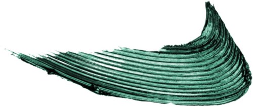 En grön penseldrag på vit bakgrund med svarta kanter, visar texturerade, böjda linjer.
