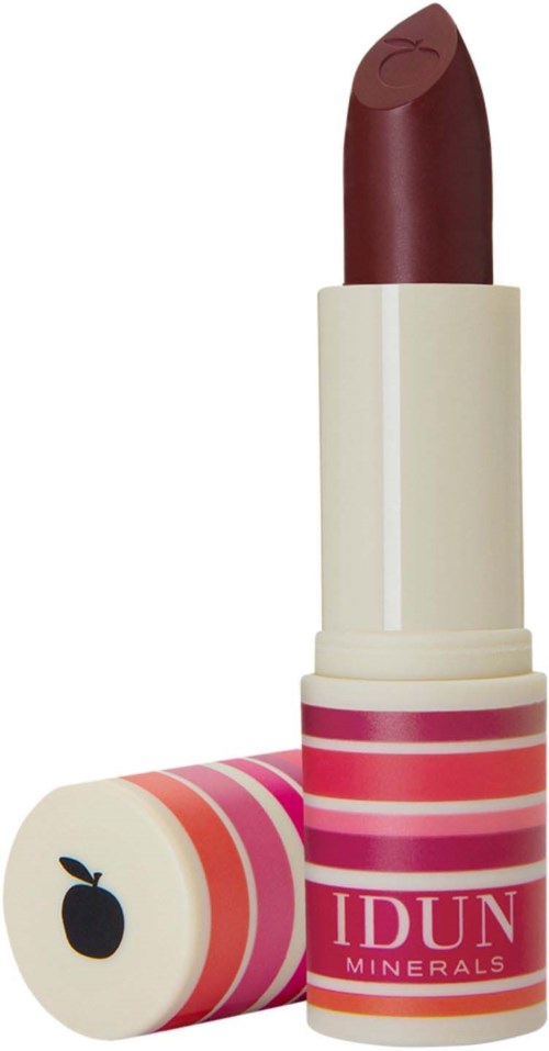 Lipstick with a red-brown shade in a white tube with pink and white stripes, labeled IDUN Minerals.