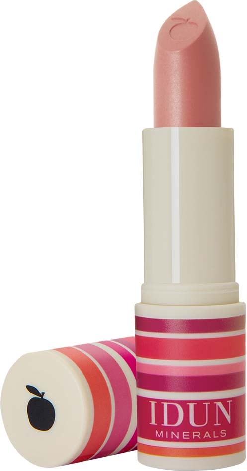 A pink lipstick in a white and pink striped tube with a black apple logo on the cap.
