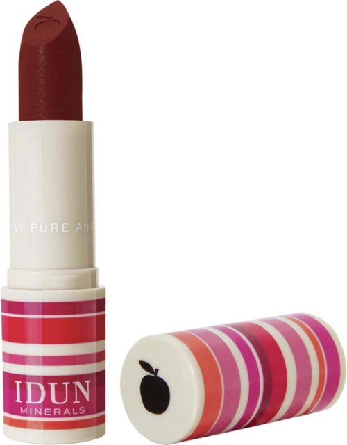 Lipstick with a brownish-red color and a striped pink, red, and cream container.