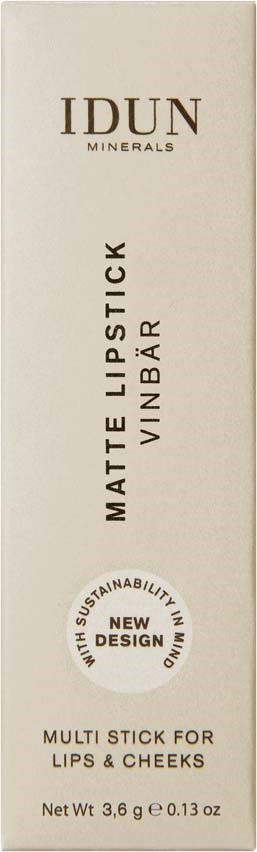 A white box with gold and black text shows a lipstick product, labeled as matte and for lips and cheeks.