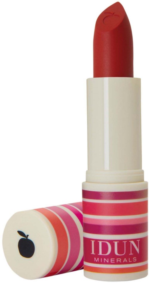 Red lipstick in a white tube with pink stripes and an apple logo on the cap.