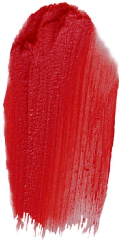 Red lipstick swatch on skin showing smooth, vibrant color and texture.