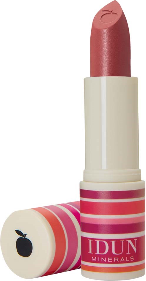 A pink lipstick in a white and pink striped tube with a cap showing a black apple logo.
