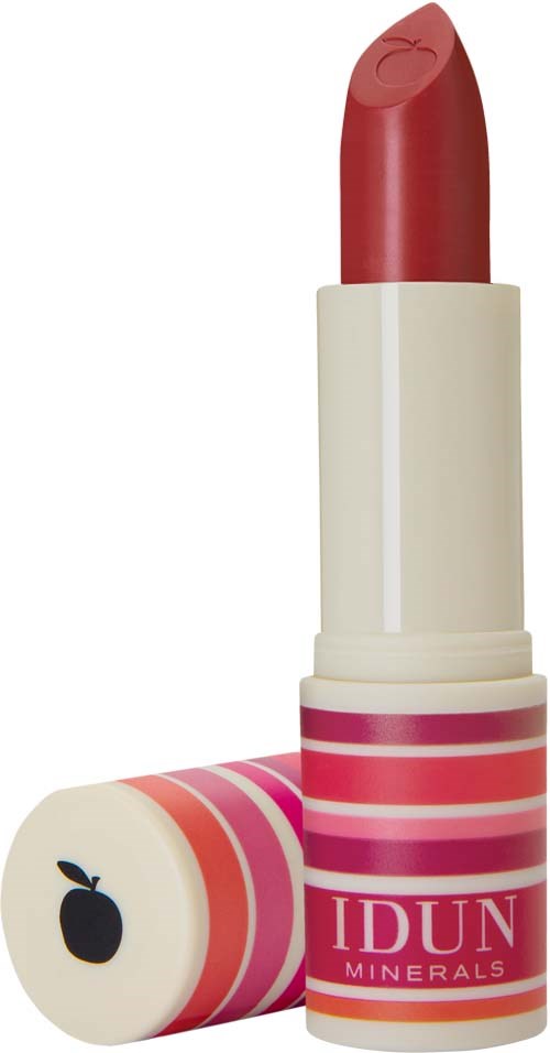 A tube of red lipstick with a pink and white striped design and a black apple logo on the cap.