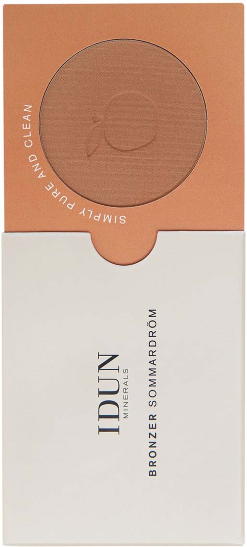 Verpackungsdesign mit einem runden Make-up-Produkt und Text über Bronzer und ein schlichtes Layout.