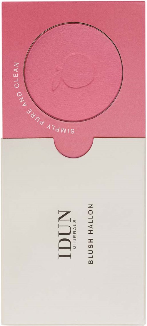 A pink and white cosmetics product packaging with a round logo and text for a skincare item.
