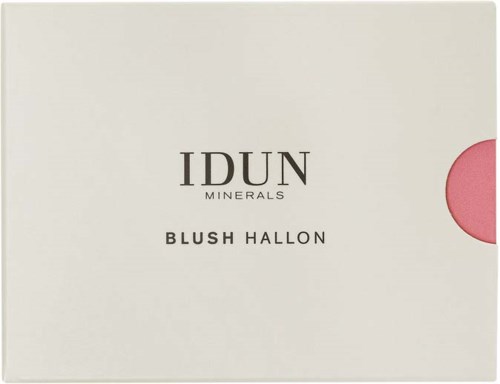 A white box with black text that says 'IDUN Minerals Blush Hallon' and a pink blush spot on the side.