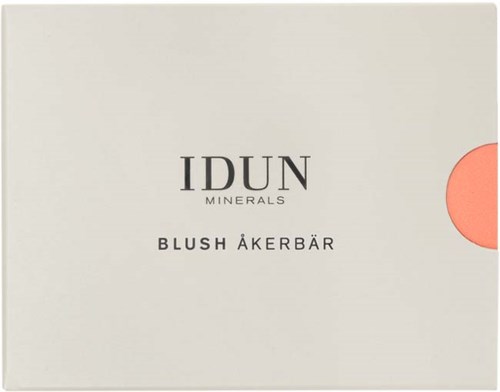 A white box with black text, showing brand IDUN MINERALS and product Blush Åkerbär with a pink circle on the right.