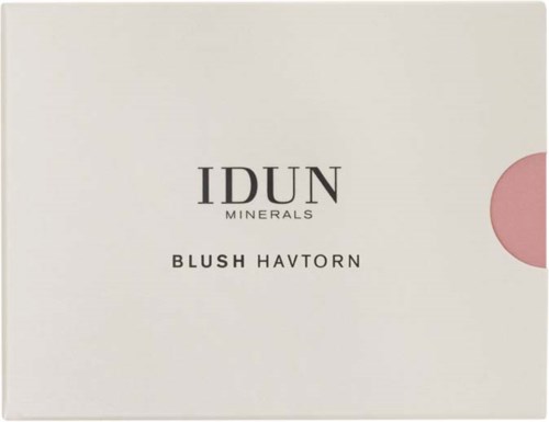 A makeup product box labeled 'IDUN Minerals Blush Havorn' with a pink circle on the right.