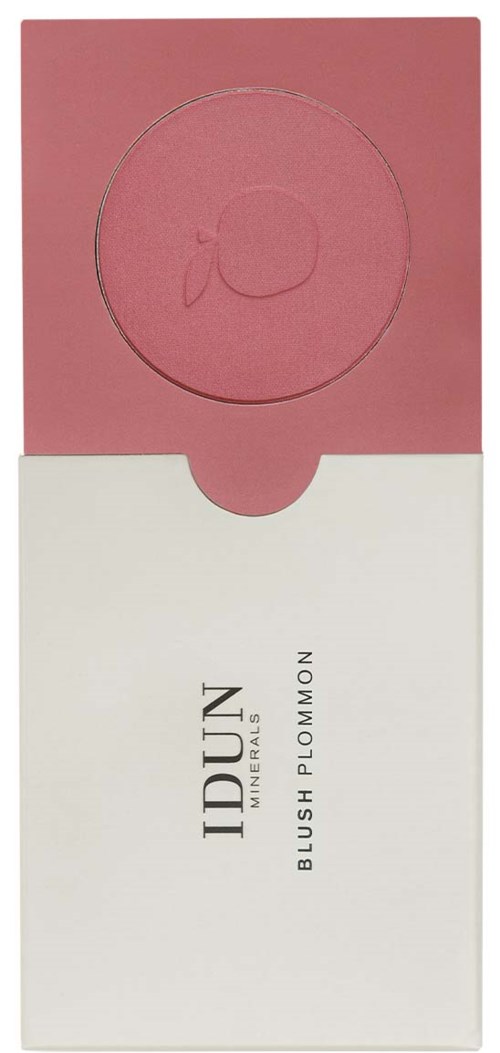 Blush powder in pink shade with a circular embossed design, in a white and pink box.