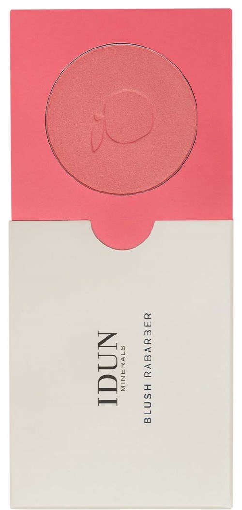 A pink blush compact with a round mirror and a blush inside, in a white and pink box.