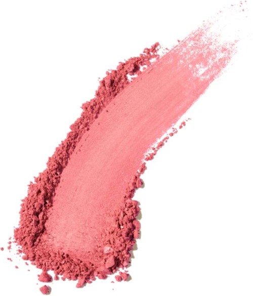 Pink powder makeup with a curved, smudged edges, partially shattered as if brushed or applied.