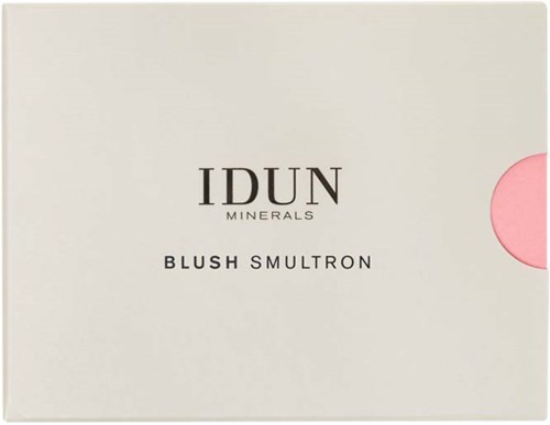 A beige box with the words 'IDUN MINERALS BLUSH SMULTRON' and a pink blush circle on the right.