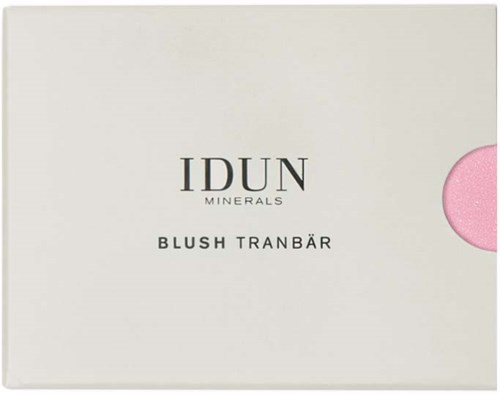 A white box with black text for IDUN Minerals' blush in pink color, partly visible on the right side.