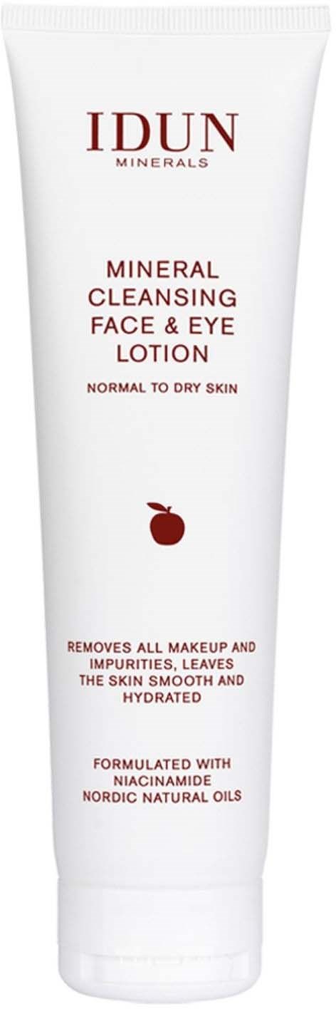 Minera cleansing face and eye lotion in a white tube with red text, suitable for normal to dry skin.