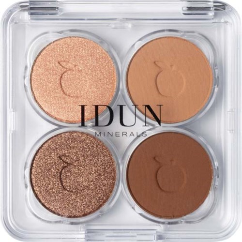 Four makeup pans with peach, beige, shimmer, and brown shades inside a clear case from IDUN Minerals.