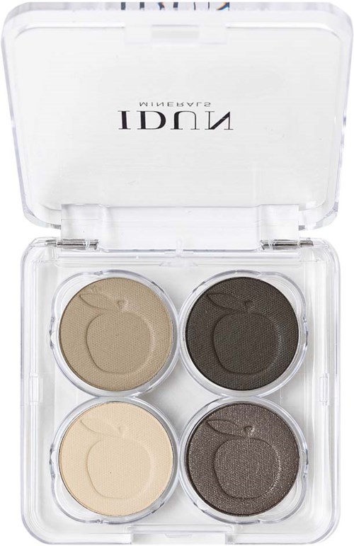 En liten makeup-palett med fyra ögonskuggor i beige, mörkbrunt, ljusgräddfärgat och mörkgrått.