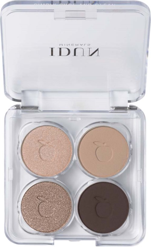 A clear plastic palette with four different shades of eyeshadow in circular pans inside.