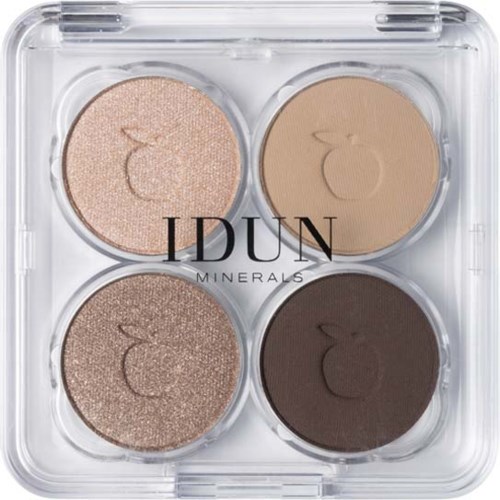 Four eyeshadow shades in a clear case, ranging from light beige to dark brown, with a logo on each.