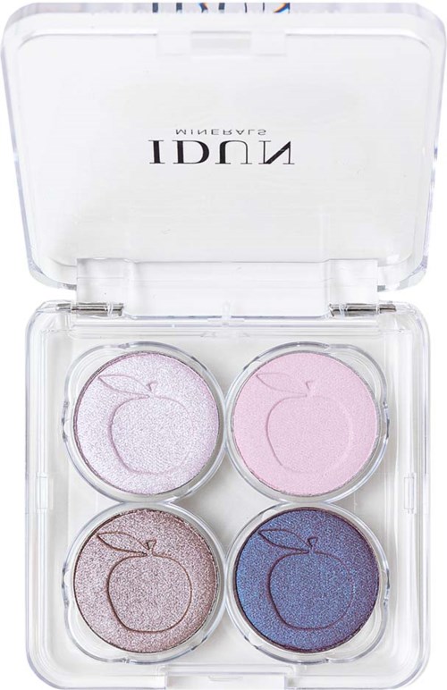 Four round eyeshadows in a clear plastic case, in pink, purple, brown, and blue colors with apple logo design.