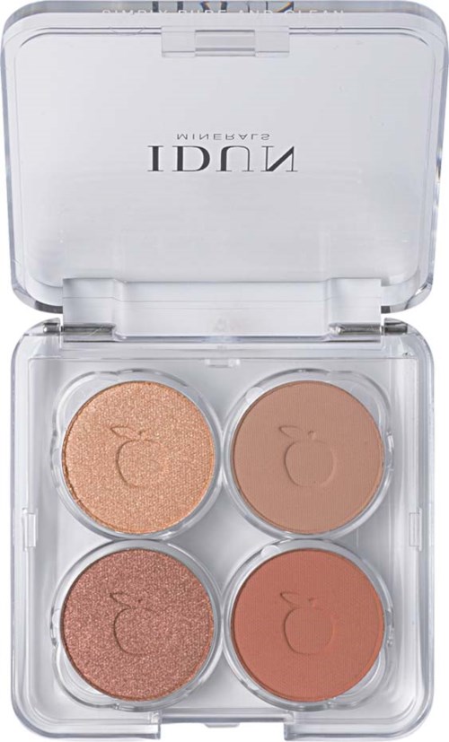 A clear plastic case with four round eyeshadow pans in peach, brown, bronze, and coral shades.