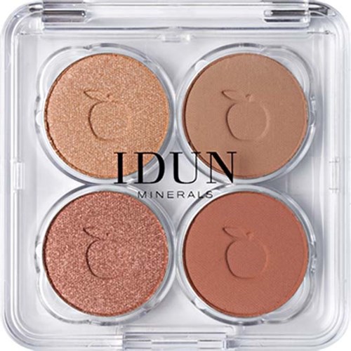 Four round makeup pans with various shades of brown in a plastic container. The logo 'IDUN MINERALS' is in the center.