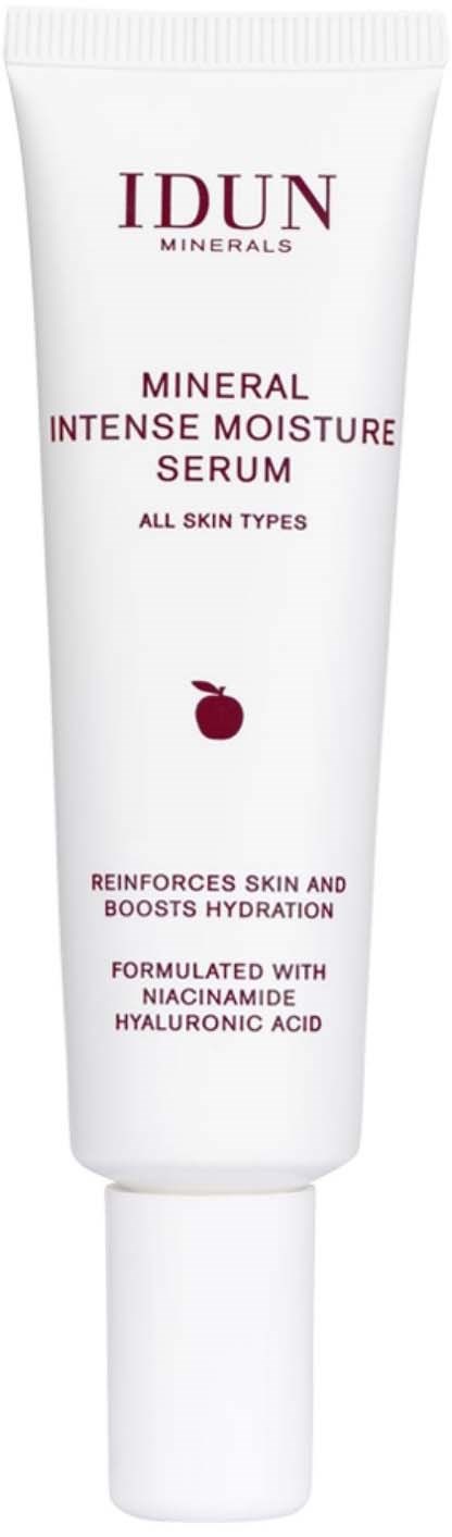 IDUN Minerals Mineral Intense Moisture Serum tube with product information and a small plum icon.