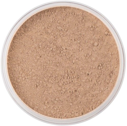 Beige loose face powder in a round container.