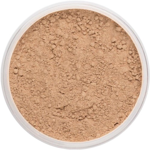 Light beige loose face powder in a clear container.