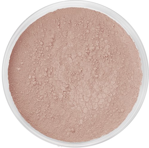 Runder Behälter mit beige Pulver, möglicherweise Make-up- oder Kosmetikapulver, fast bis zum Rand gefüllt.