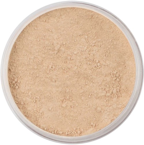A round container of loose beige face powder with a clear lid.