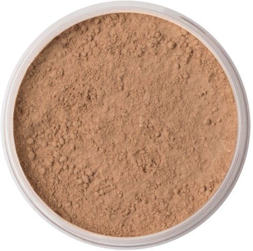 Loose brown powder, likely a makeup product such as foundation or bronzer, in a round container.