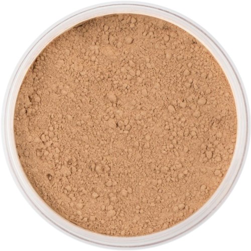 A round container filled with light brown loose face powder. No packaging or branding visible.