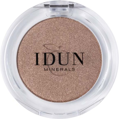 Brown glittery pressed powder in a clear compact with black text saying IDUN MINERALS.